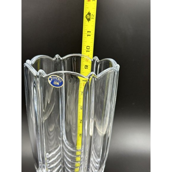 Czech Republic Bohemian Scalloped Top Ribbed Crystal Clear Vase 10” Art Deco - Picture 5 of 7